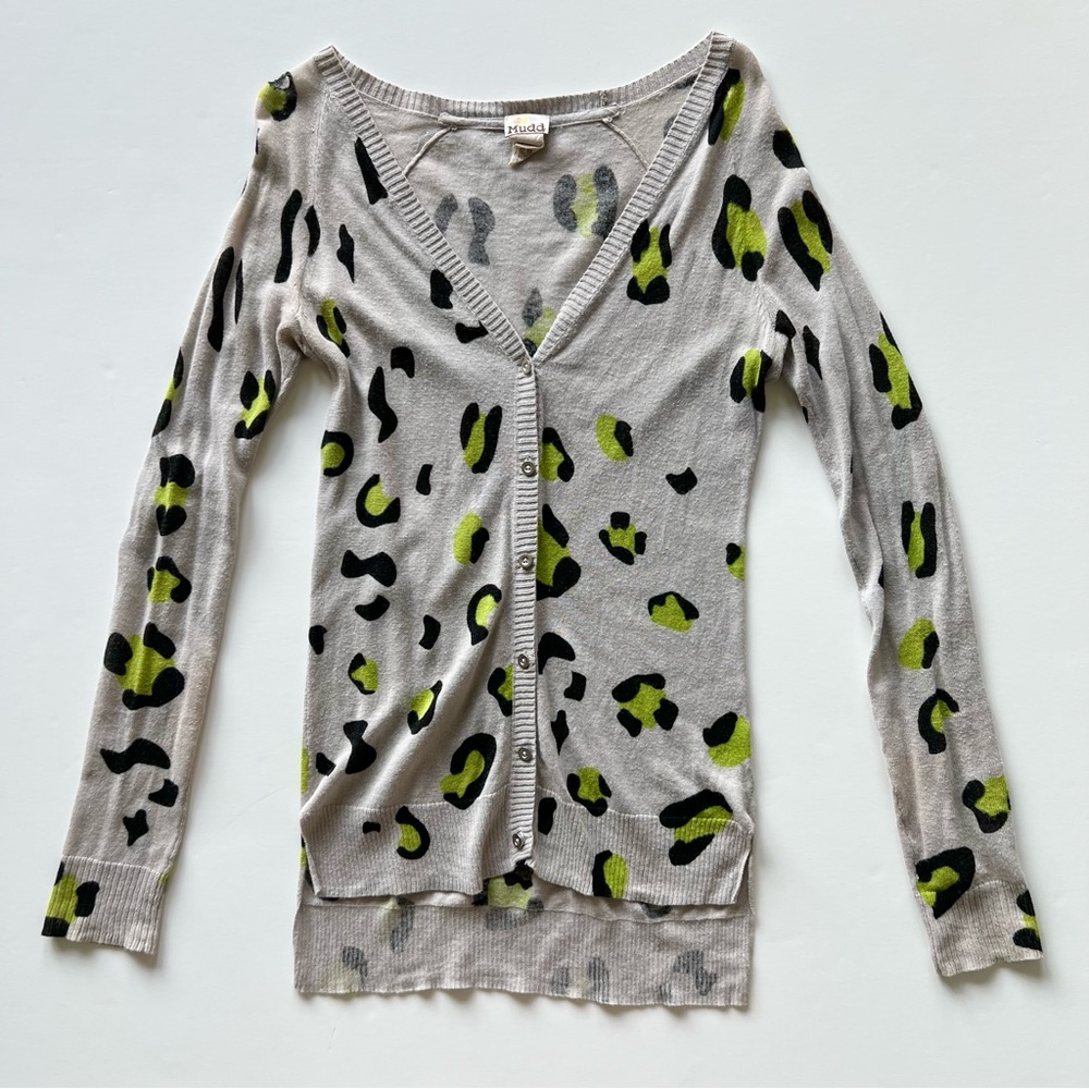Mudd Grey and Lime Green Leopard Print Button Up Cardigan, Small